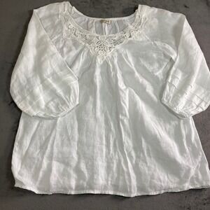 Laura Bianchi Italy White 100% Linen Crochet Lace Neck Blouse Top Women Large